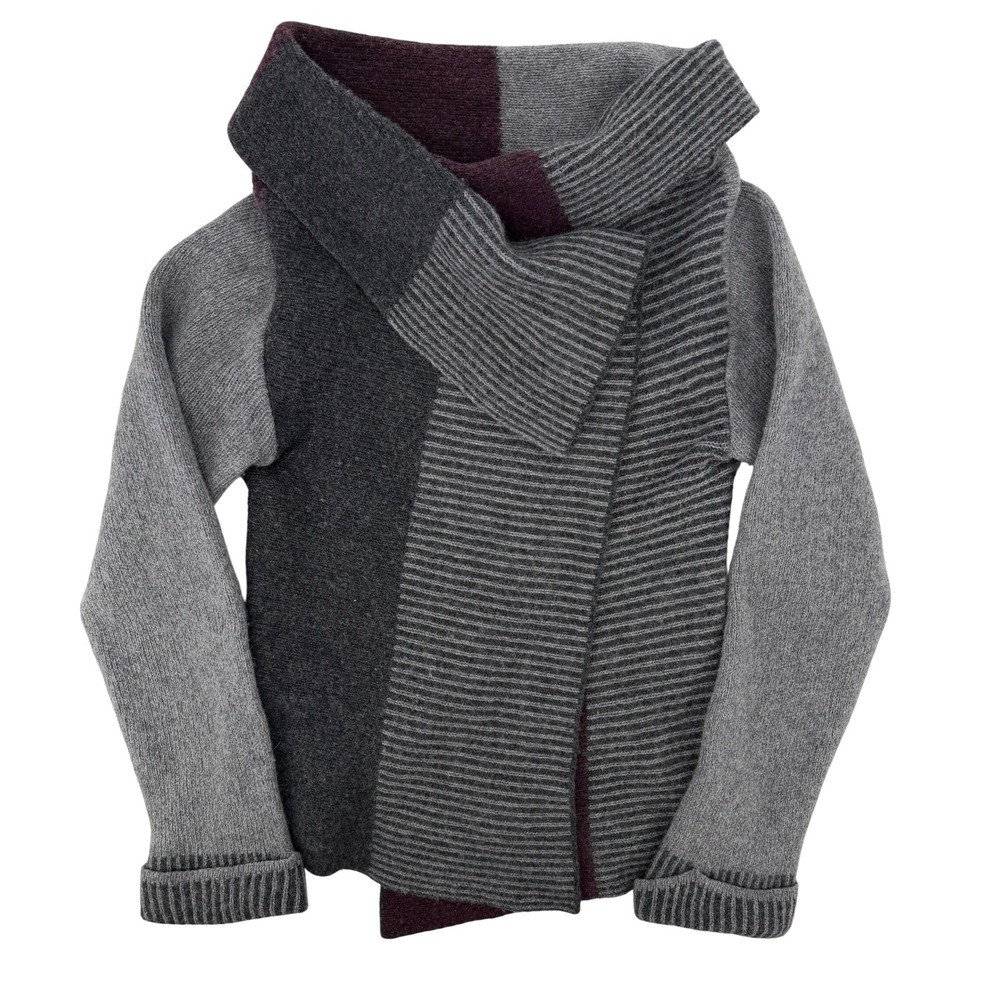 A. IDA Made in Italy Wool Blend Colorblock Shawl Collar Cardigan Grey Burgundy L